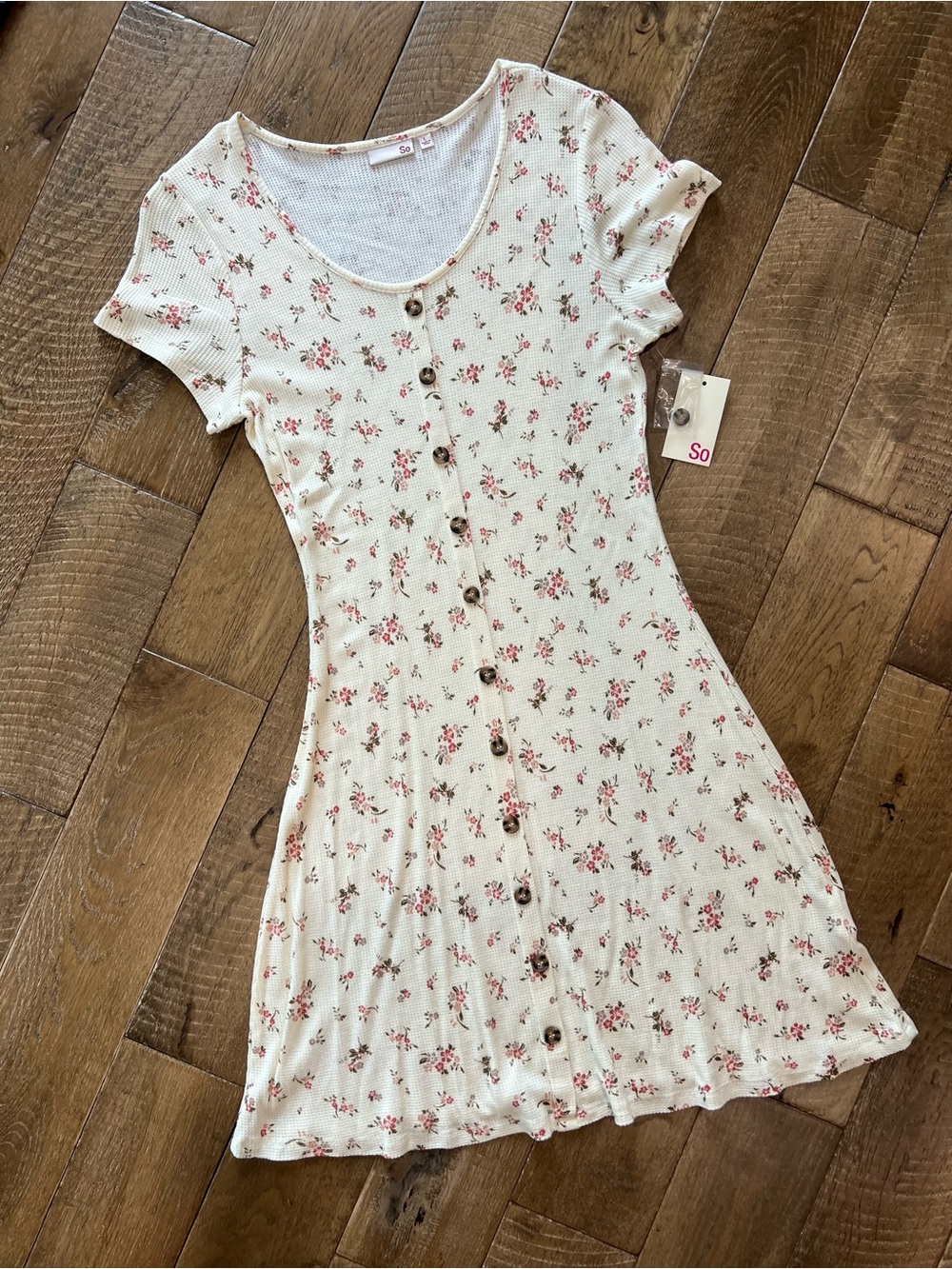 Cream Knit Button-Front Dress with Pink Floral Print